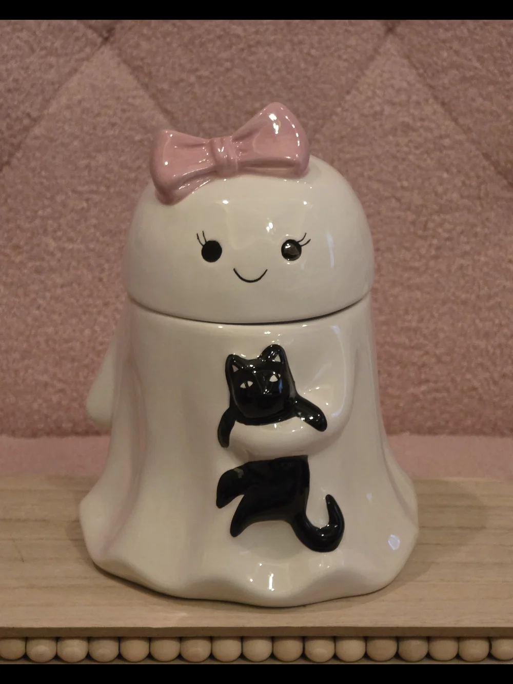 Halloween Coquette Ghost Cookie Jar with Pink Bow Holding A Cat